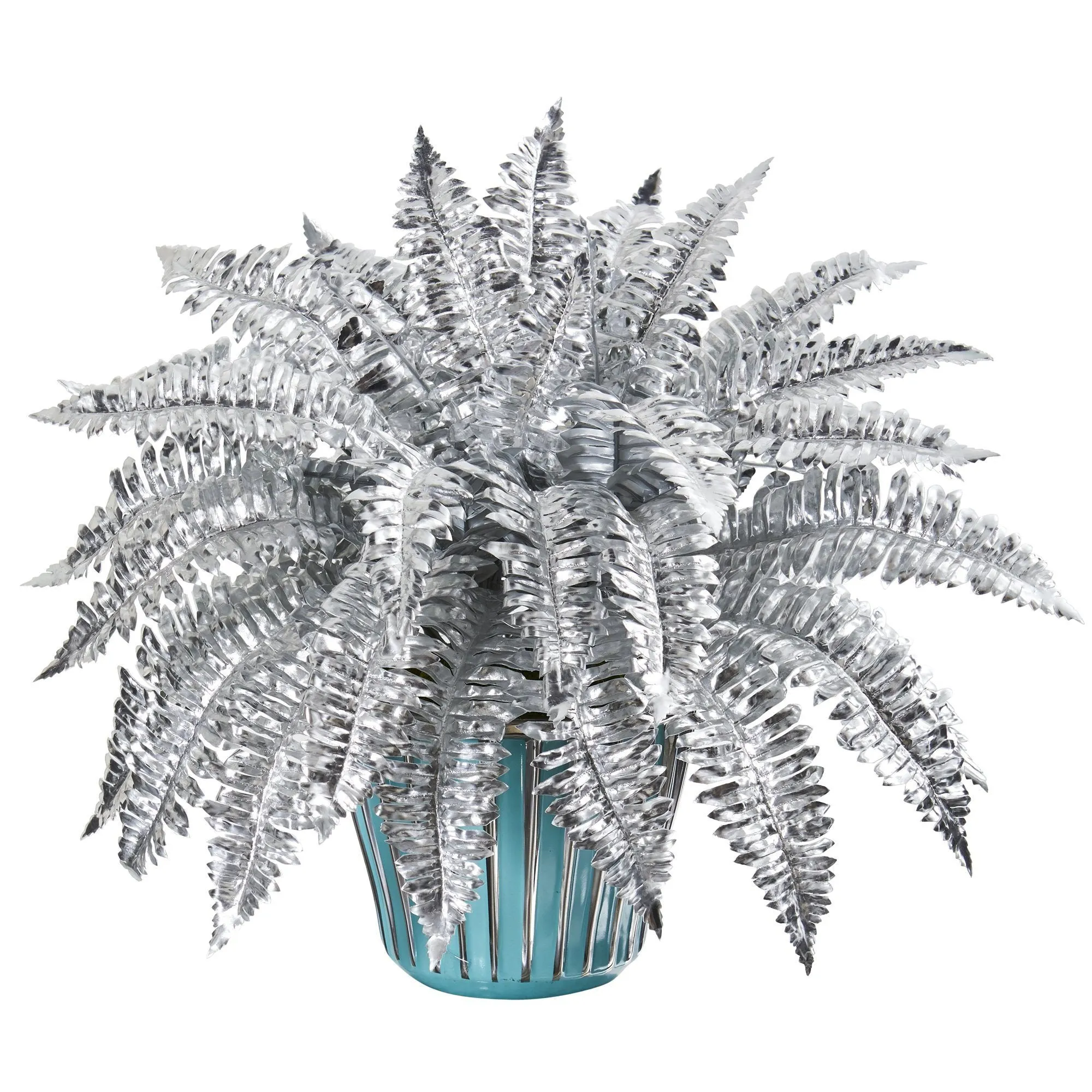 21” Metallic Silver Boston Fern Artificial Plant in Turquoise Planter with Silver Trimming