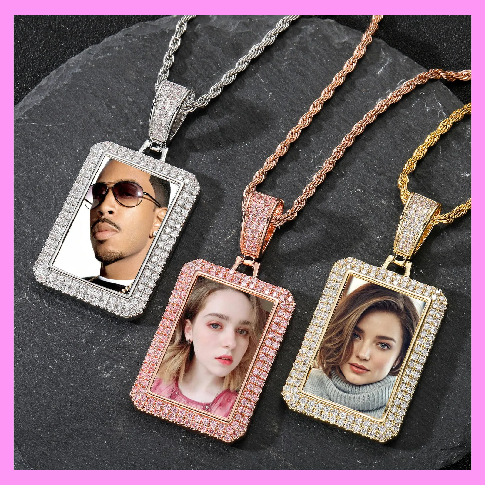 【3-21#】Customizable Photo Rectangular Necklace for Unisex Birthday Daily memorial day