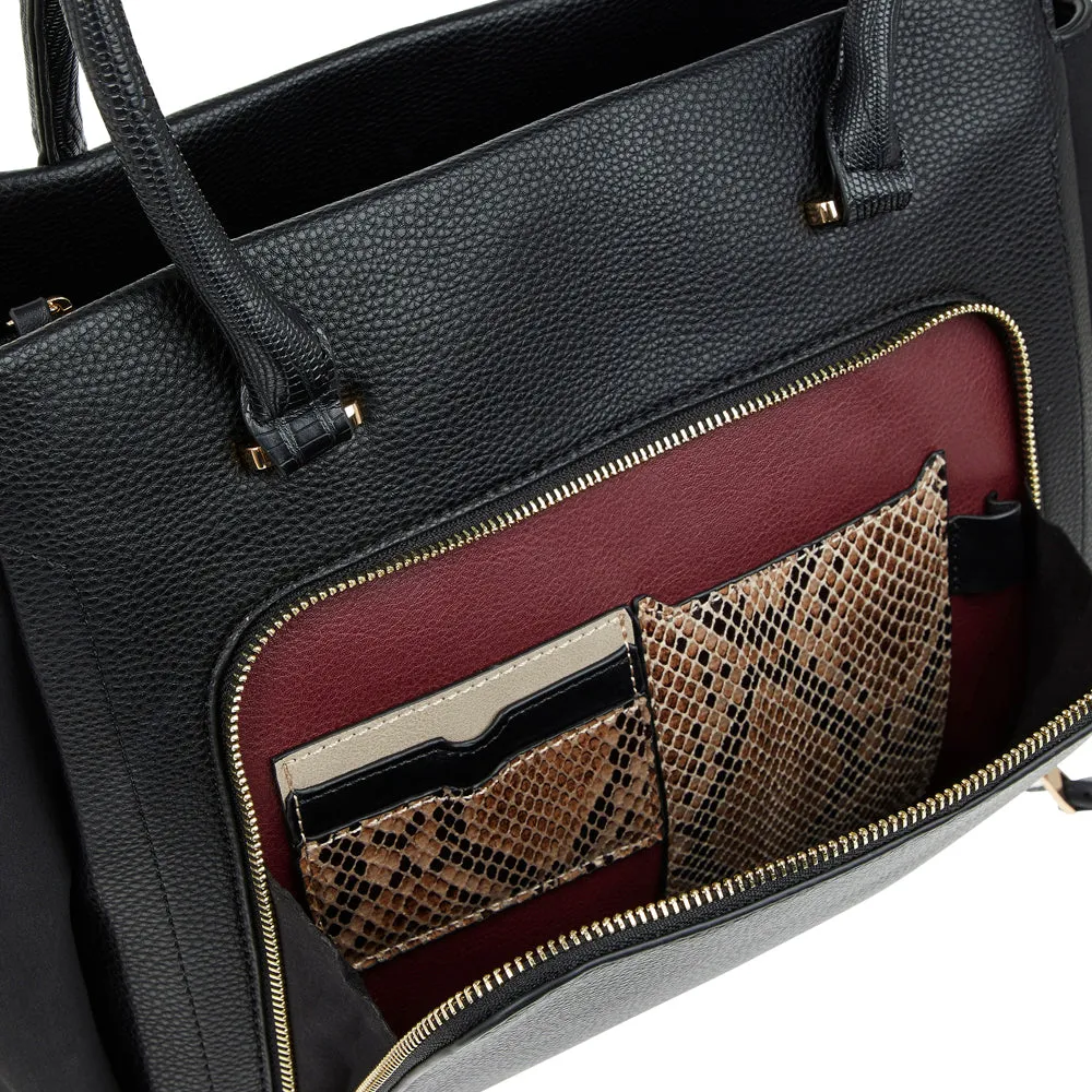 Accessorize London Women's Faux Leather Black Multi Pocket Morgan Work Tote Bag