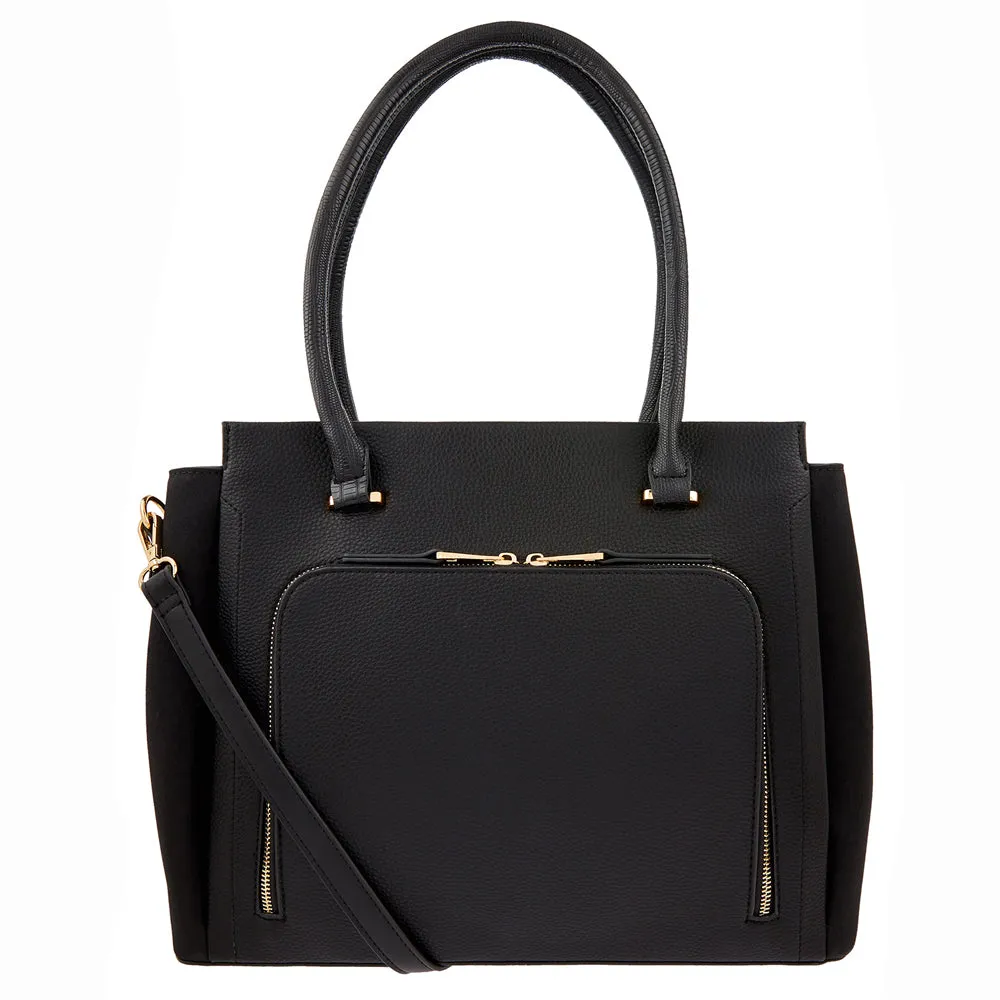 Accessorize London Women's Faux Leather Black Multi Pocket Morgan Work Tote Bag