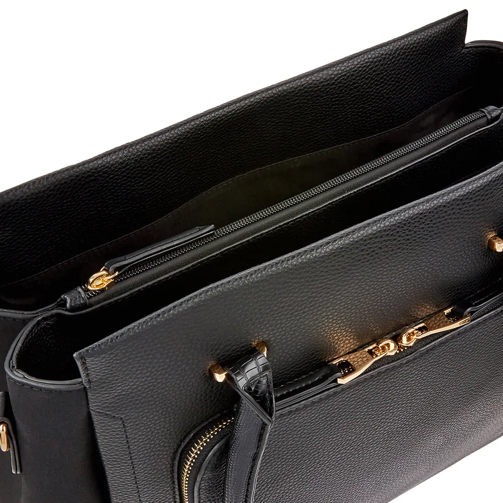 Accessorize London Women's Faux Leather Black Multi Pocket Morgan Work Tote Bag