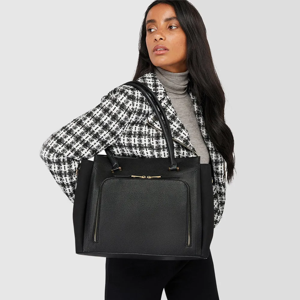 Accessorize London Women's Faux Leather Black Multi Pocket Morgan Work Tote Bag