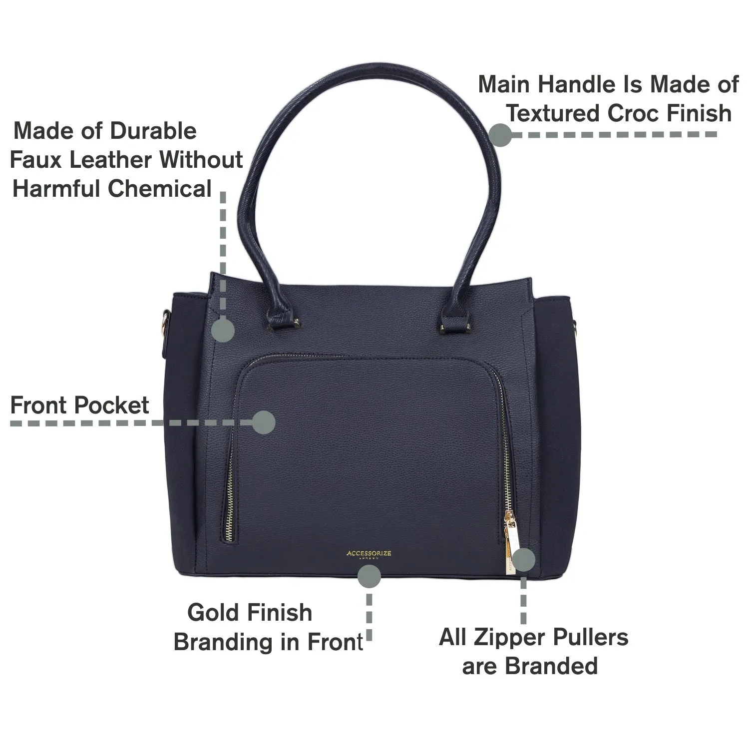 Accessorize London Women's Faux Leather Black Multi Pocket Morgan Work Tote Bag