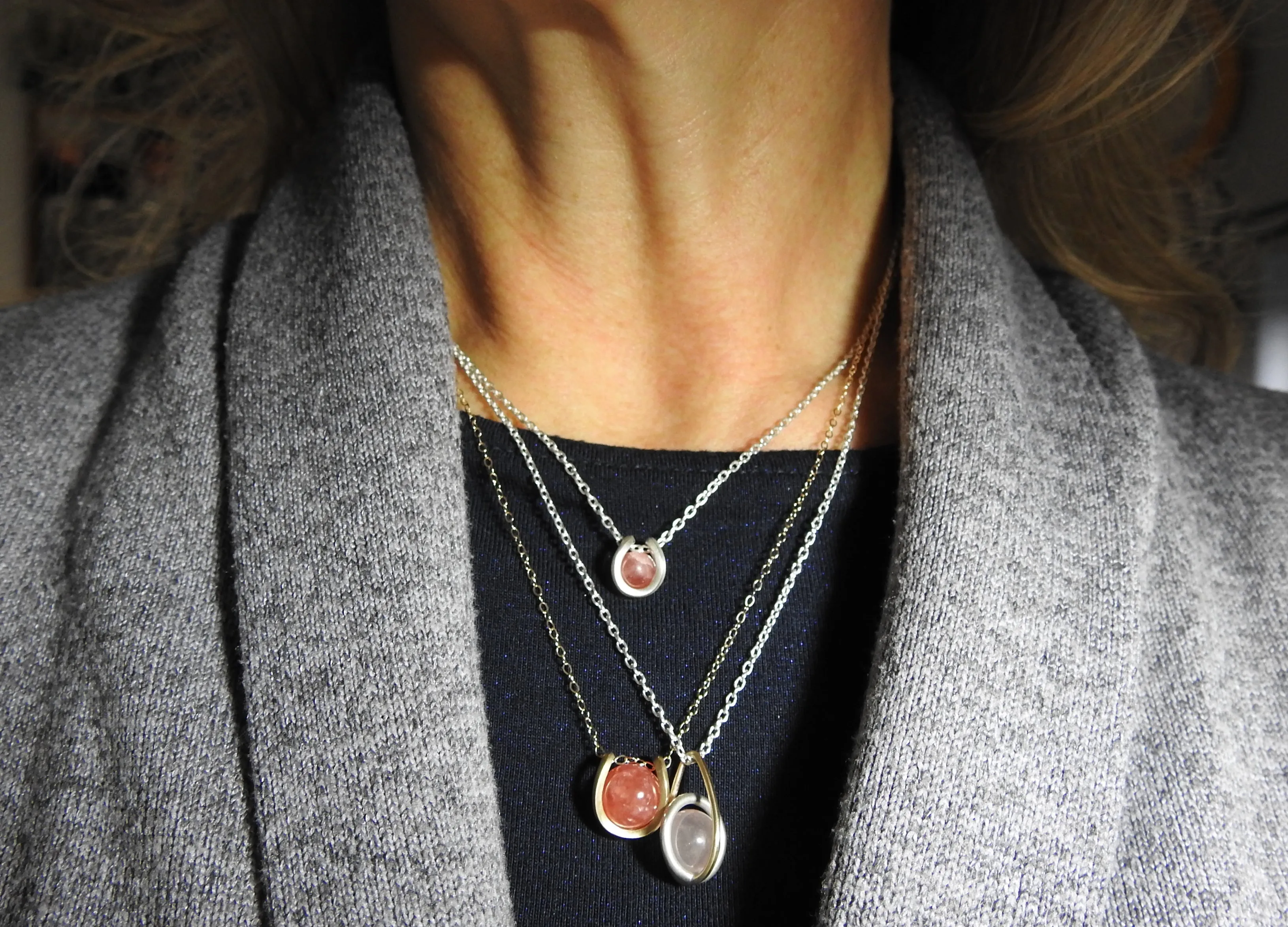 Astral rose quartz sphere two tone pendant