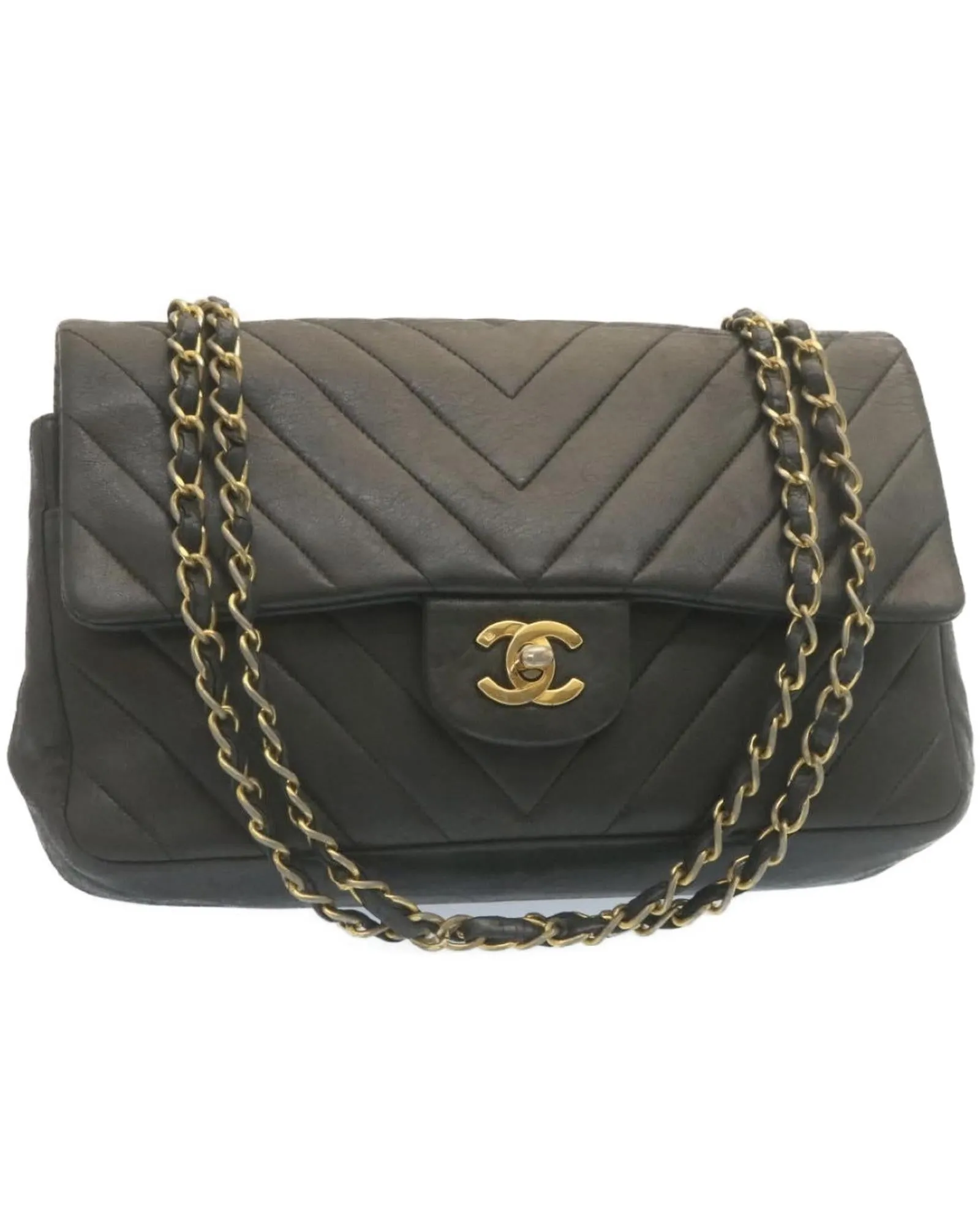 Black Lamb Skin Turn Lock Flap Shoulder Bag with CC Logo - Authentic Mademoiselle Design
