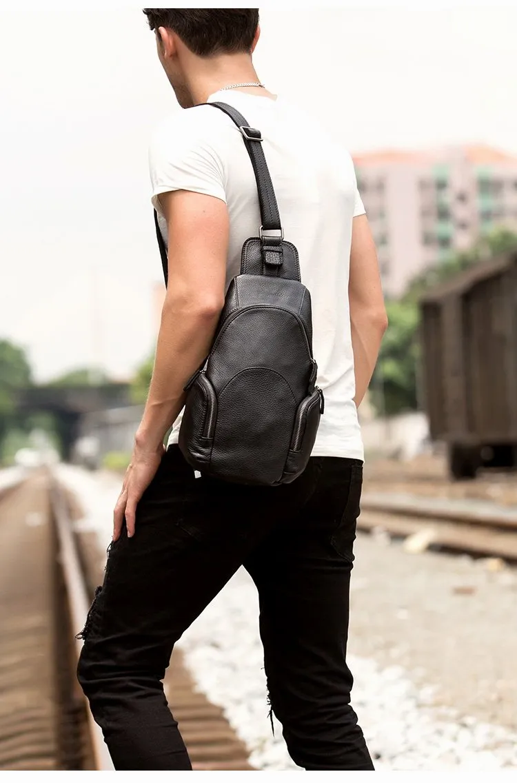 Black Leather Mens Cool Crossbody Pack Sling Bags Black Sling Pack Chest Bag for Men