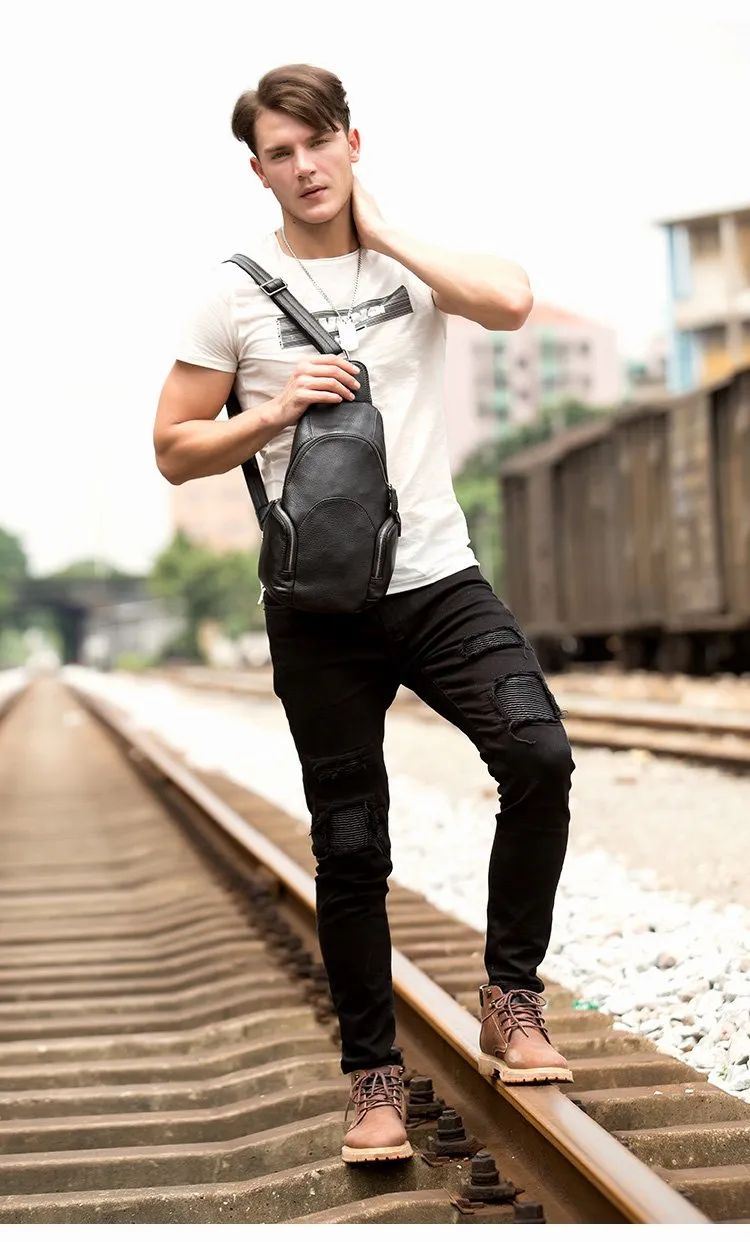 Black Leather Mens Cool Crossbody Pack Sling Bags Black Sling Pack Chest Bag for Men