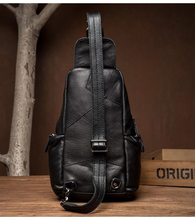Black Leather Mens Cool Crossbody Pack Sling Bags Black Sling Pack Chest Bag for Men