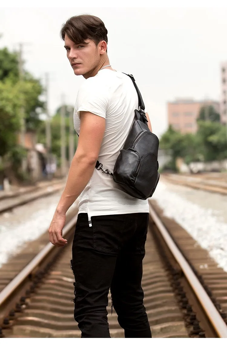Black Leather Mens Cool Crossbody Pack Sling Bags Black Sling Pack Chest Bag for Men