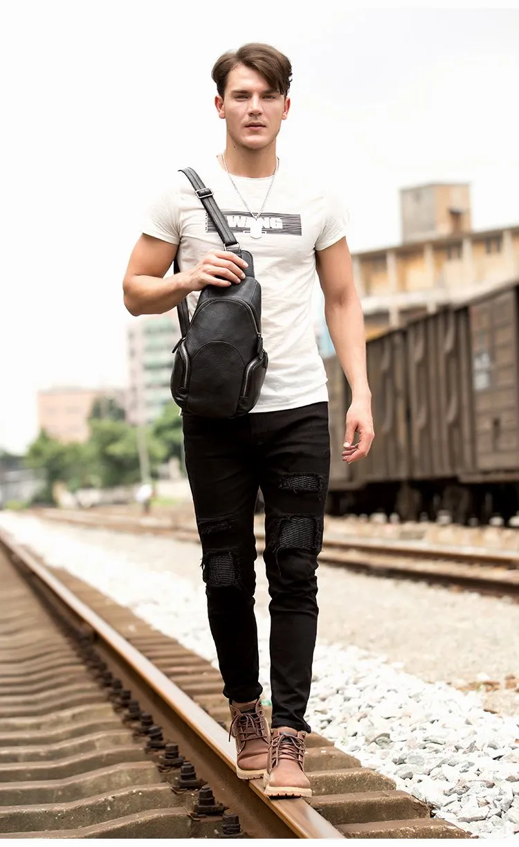 Black Leather Mens Cool Crossbody Pack Sling Bags Black Sling Pack Chest Bag for Men