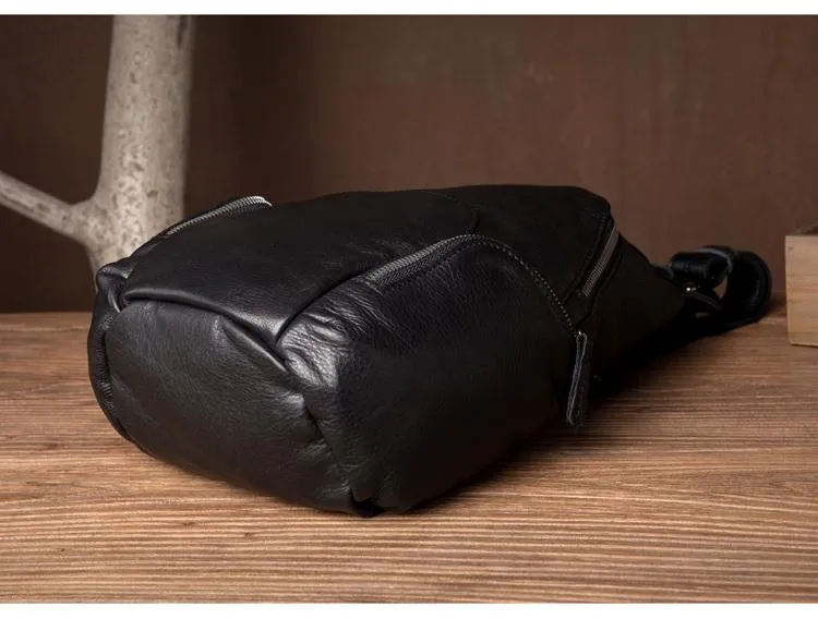 Black Leather Mens Cool Crossbody Pack Sling Bags Black Sling Pack Chest Bag for Men