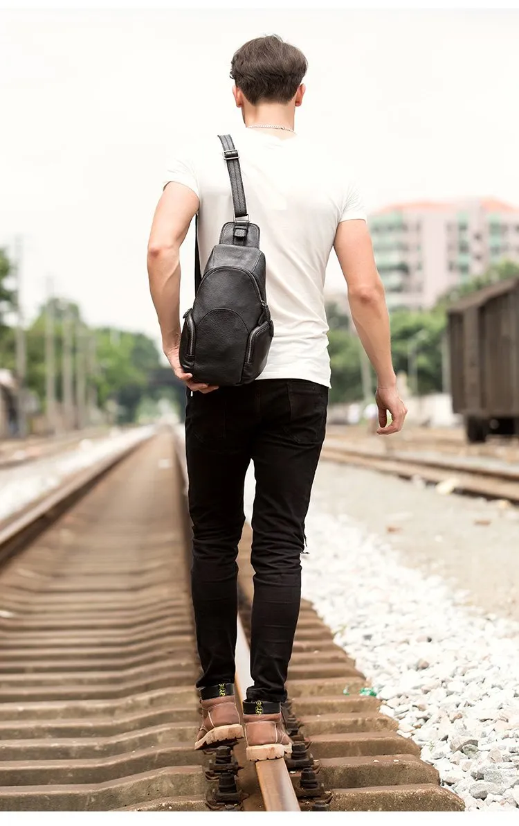 Black Leather Mens Cool Crossbody Pack Sling Bags Black Sling Pack Chest Bag for Men