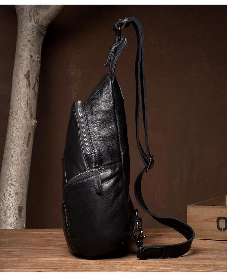 Black Leather Mens Cool Crossbody Pack Sling Bags Black Sling Pack Chest Bag for Men