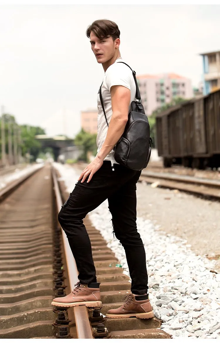 Black Leather Mens Cool Crossbody Pack Sling Bags Black Sling Pack Chest Bag for Men