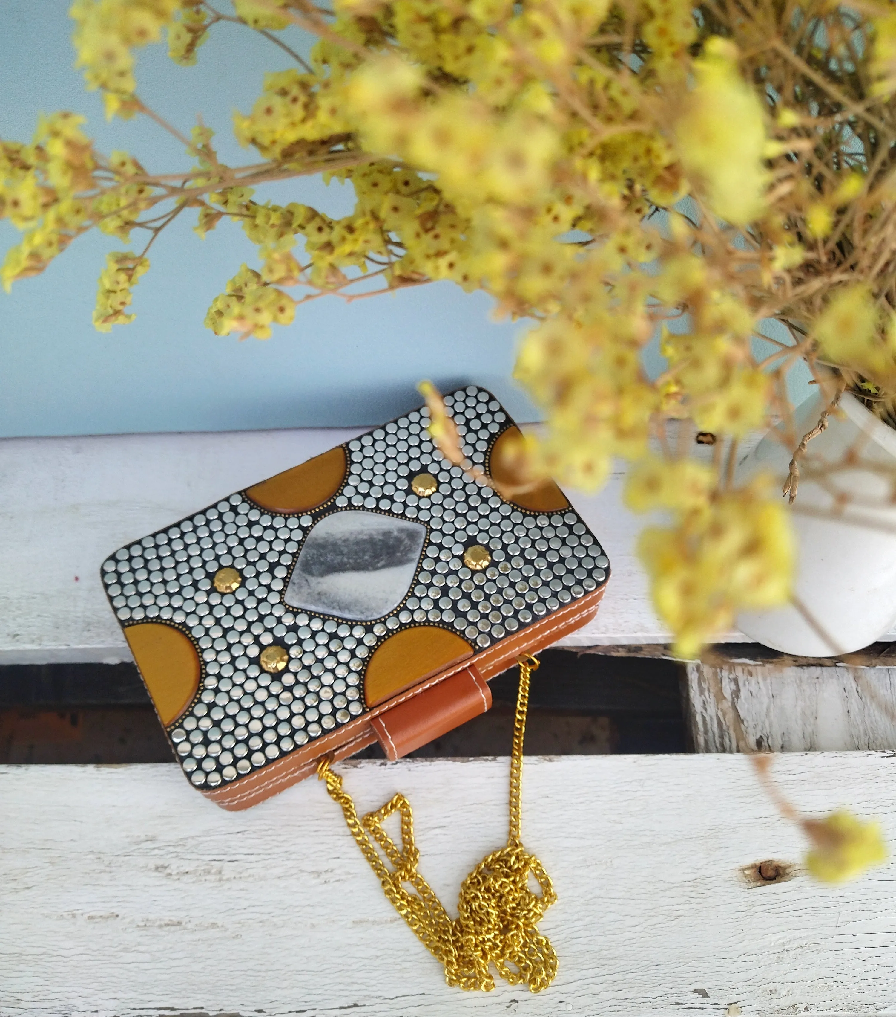 Brown Clutch Bag, Wooden Embellished Purse With Faux Leather And Howlite Stone