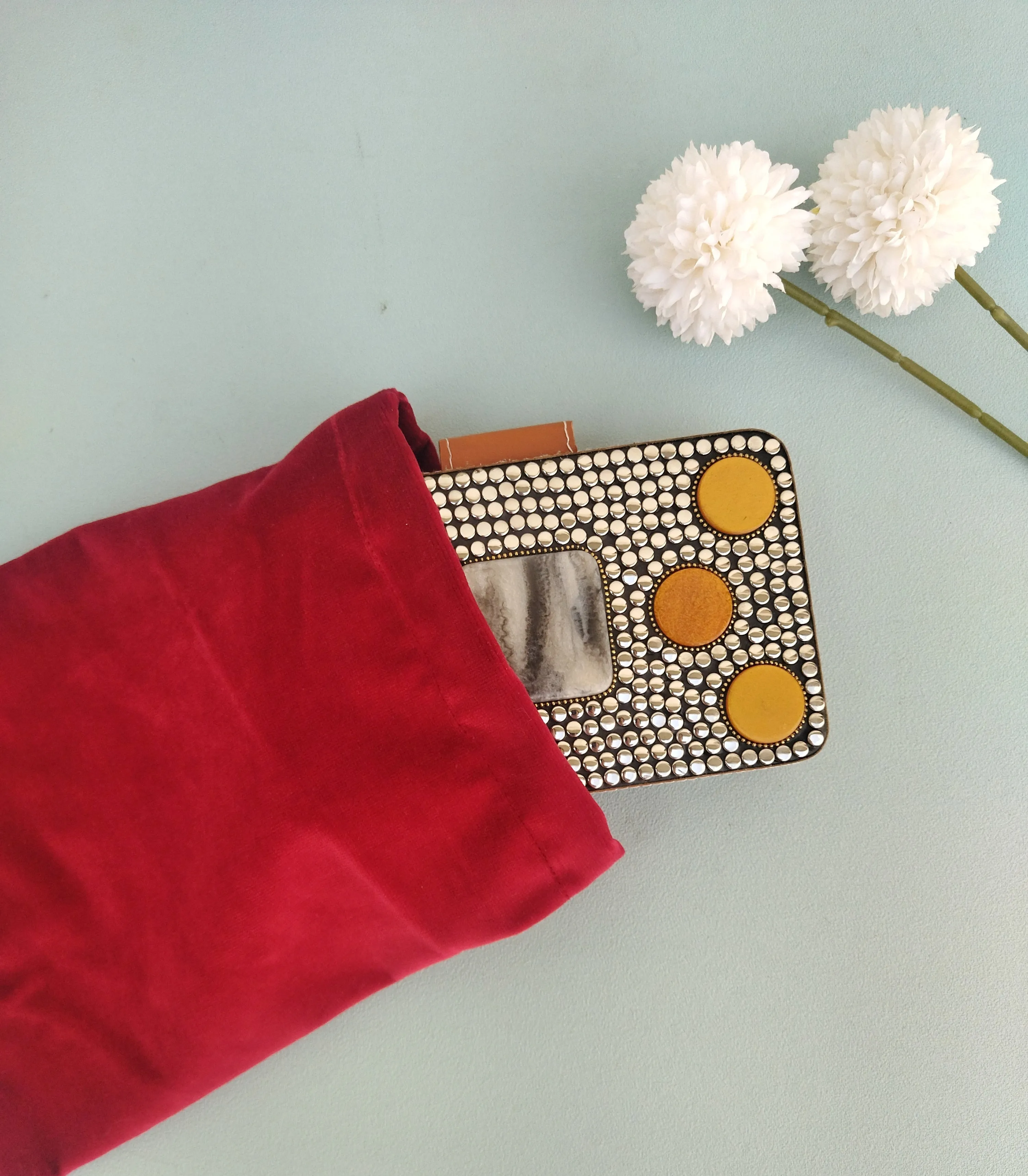 Brown Clutch Bag, Wooden Embellished Purse With Faux Leather And Howlite Stone