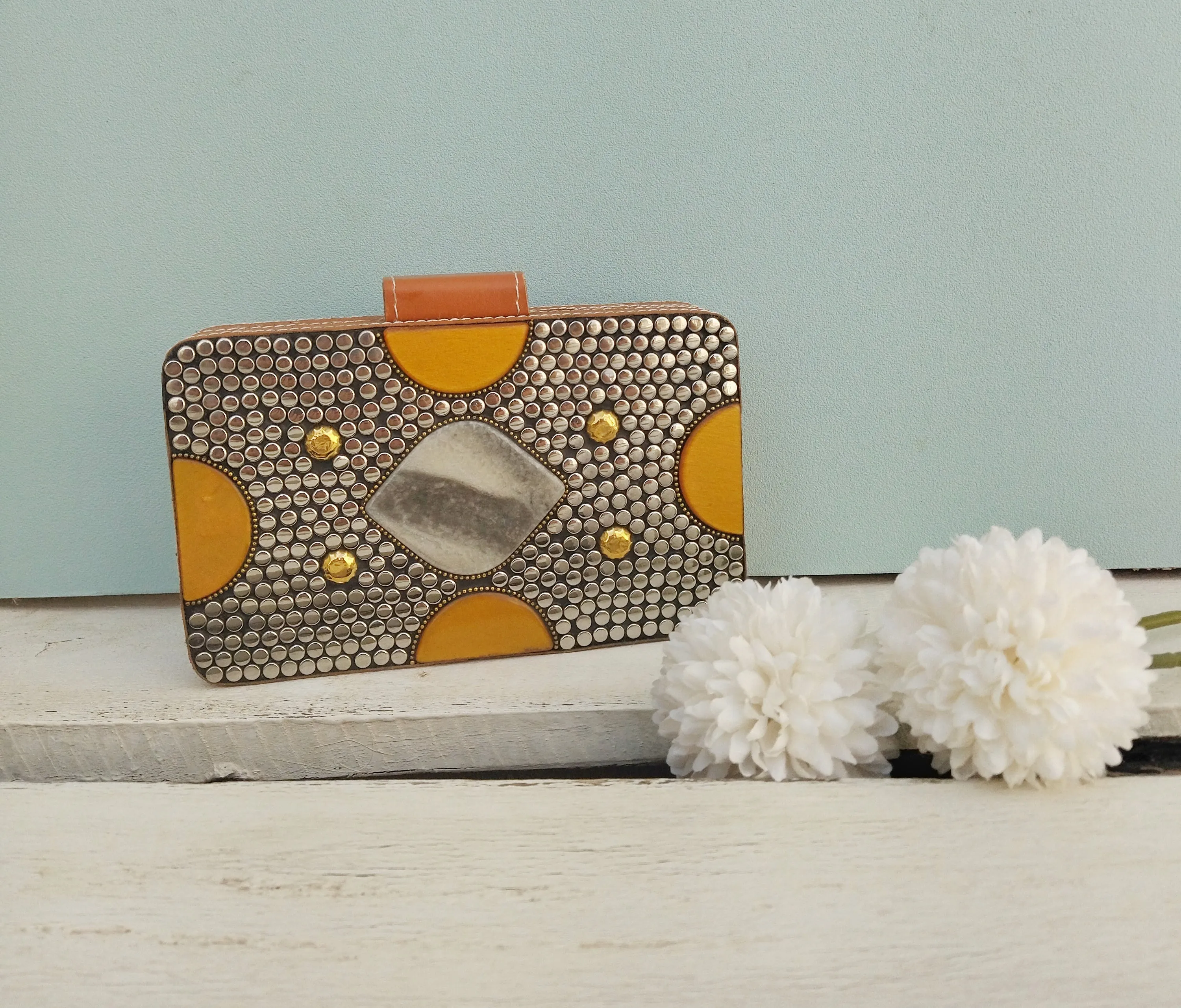 Brown Clutch Bag, Wooden Embellished Purse With Faux Leather And Howlite Stone