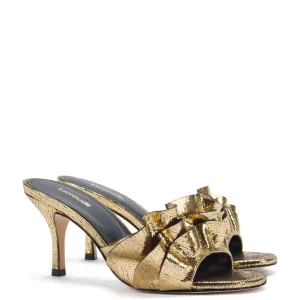 Colette Ruffle Mule In Gold Cracked Metallic Leather by Larroudé Colette Ruffle Mule In Gold Cracked Metallic Leather by Larroudé