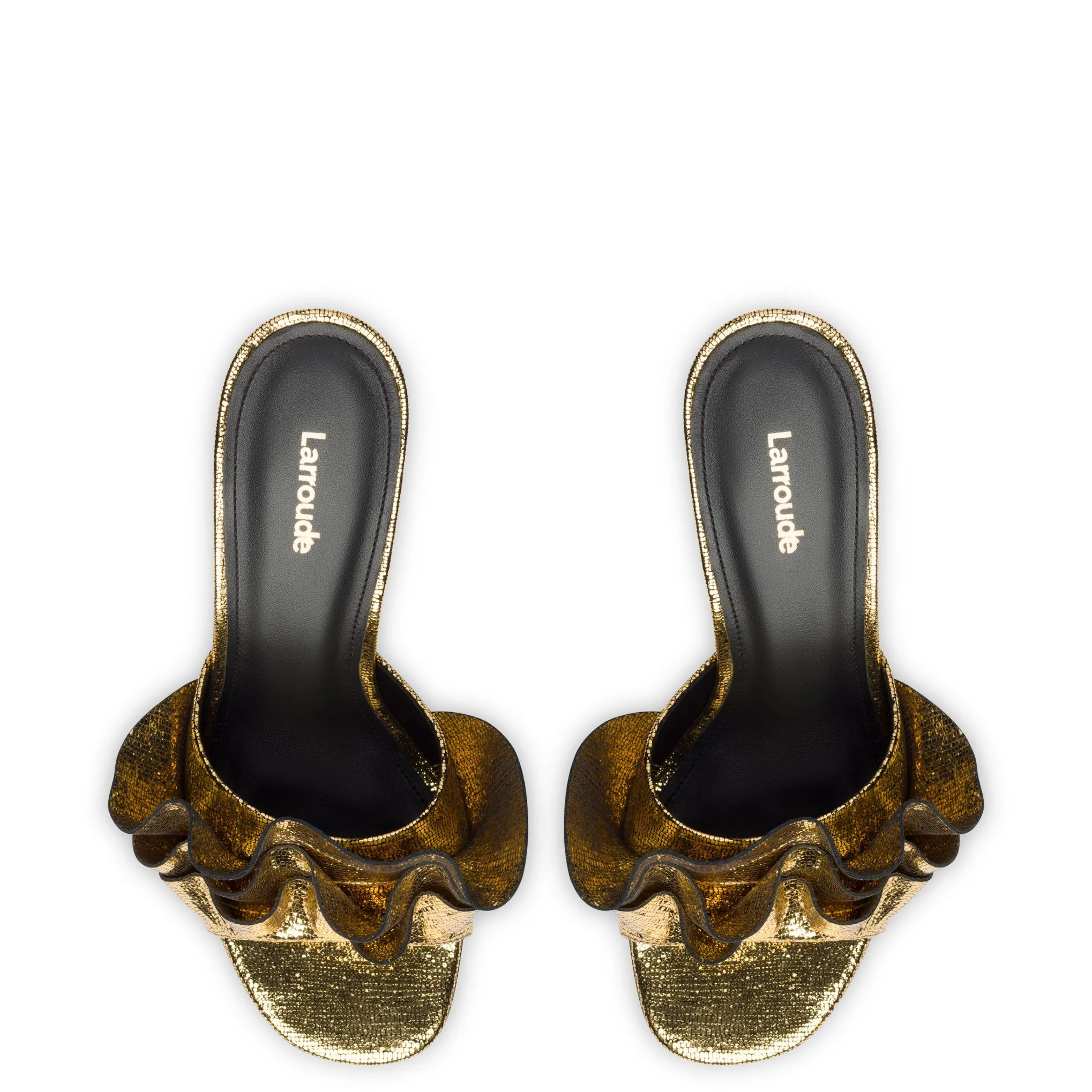 Colette Ruffle Mule In Gold Cracked Metallic Leather by Larroudé
