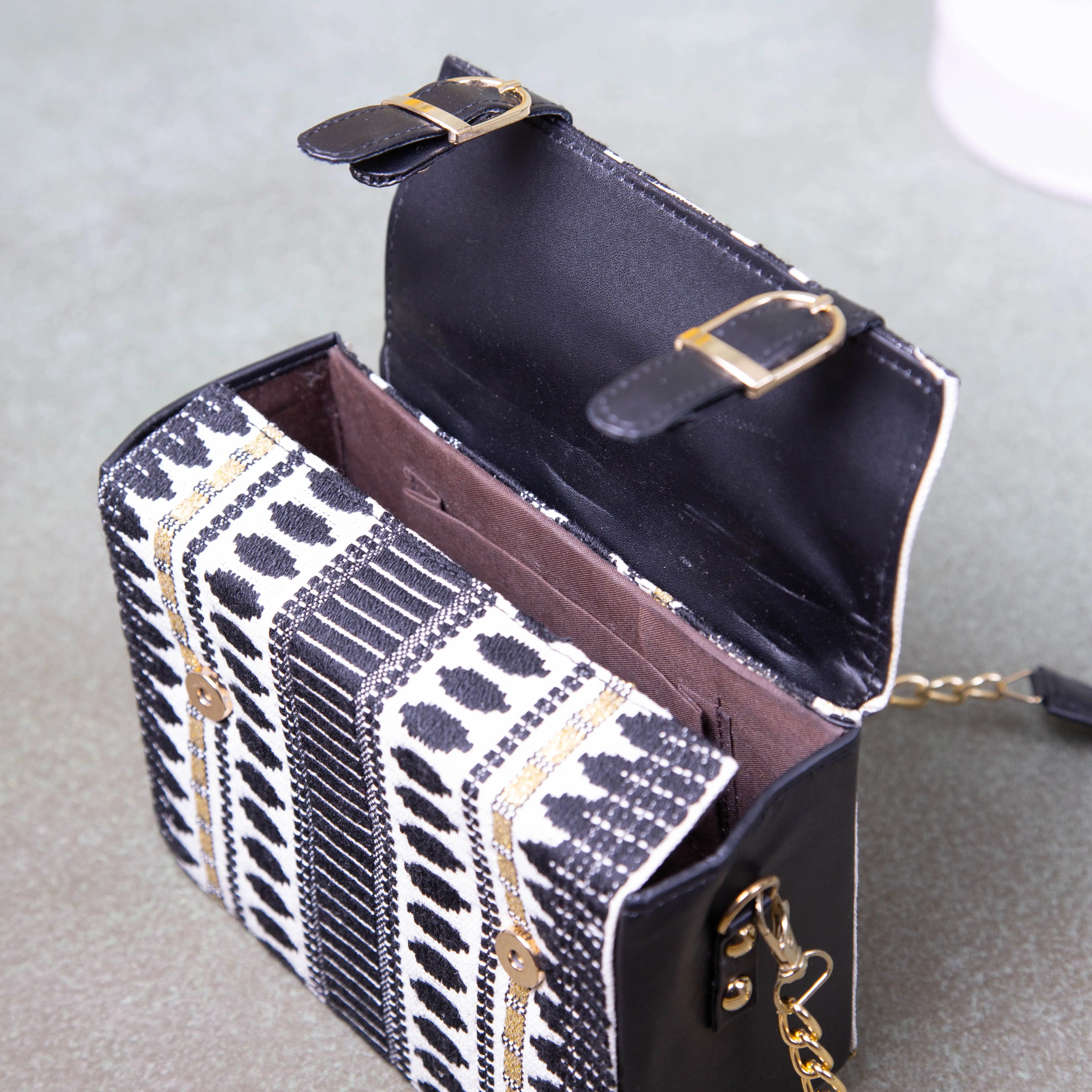 Cuboid Case Sling bags White with Black Dots Prints.