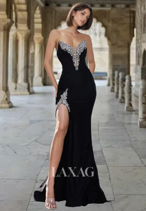 Deep V-Neck Off-Shoulder Sleeveless Satin Mermaid Prom Dress Beaded Applique High Slit Formal Gowns Deep V-Neck Off-Shoulder Sleeveless Satin Mermaid Prom Dress Beaded Applique High Slit Formal Gowns
