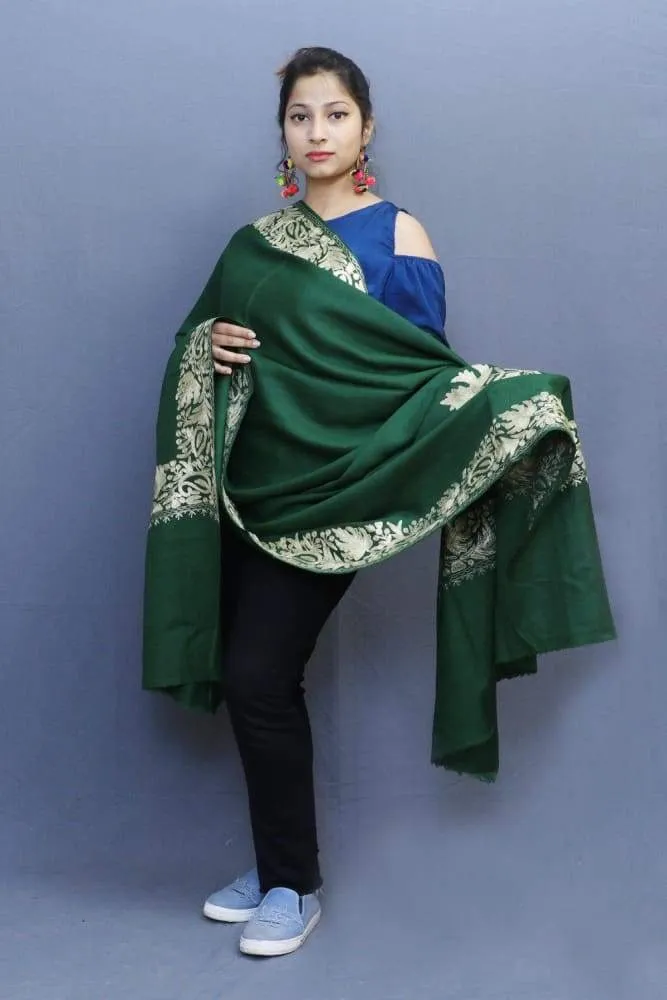 Delicate Tilla Shawl Along With Green Base And Amazing Border Pattern Looks Quite Unique.