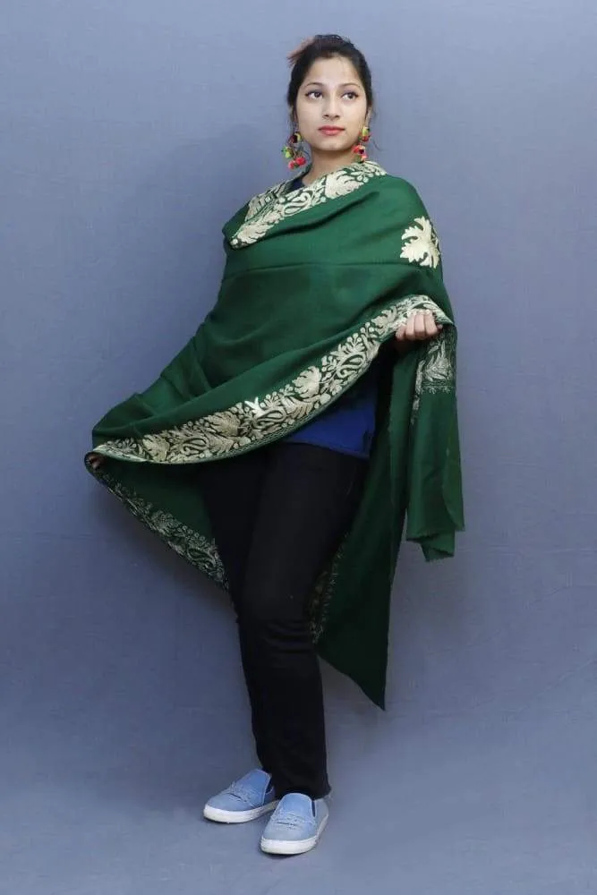 Delicate Tilla Shawl Along With Green Base And Amazing Border Pattern Looks Quite Unique.