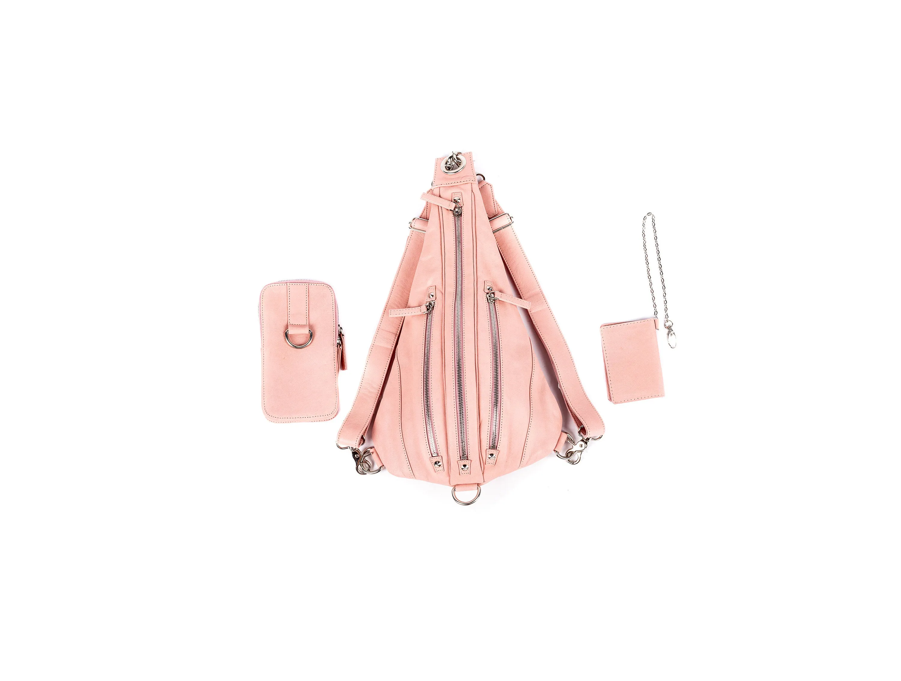 Dusty Rose Pink Tri Zipper BackPack Convertible Sling Bag Shoulder Bag w/ Silver Hardware