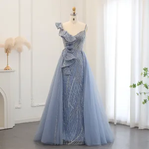 Elegant Spaghetti Blue Mermaid Evening Dress with Overskirt SS095 Elegant Spaghetti Blue Mermaid Evening Dress with Overskirt SS095