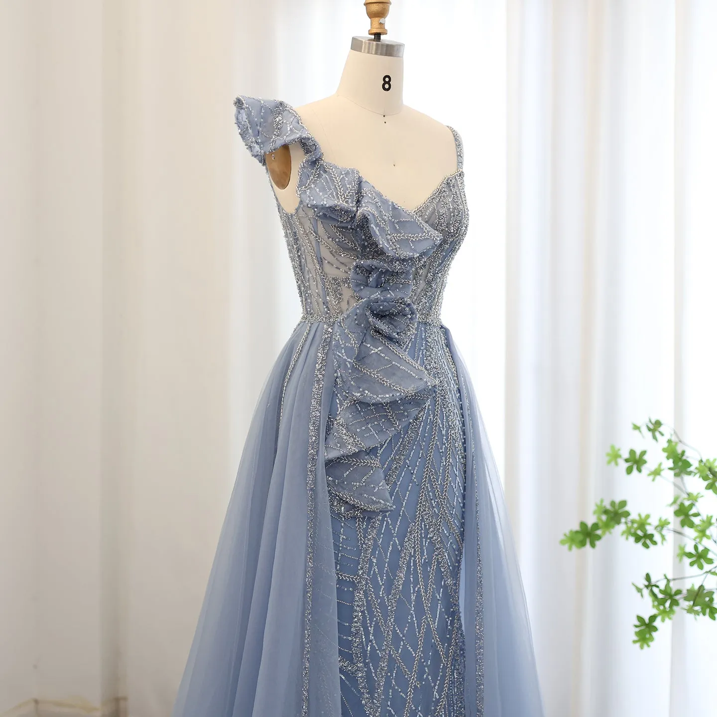Elegant Spaghetti Blue Mermaid Evening Dress with Overskirt SS095