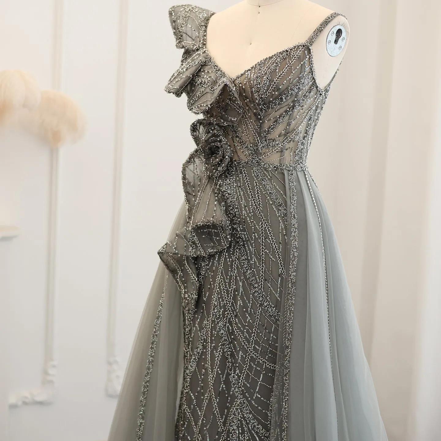 Elegant Spaghetti Blue Mermaid Evening Dress with Overskirt SS095