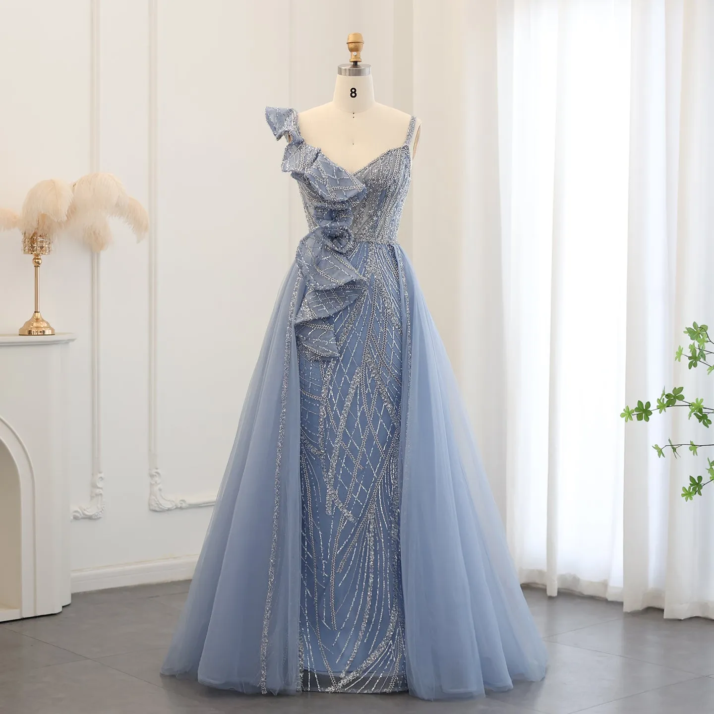 Elegant Spaghetti Blue Mermaid Evening Dress with Overskirt SS095
