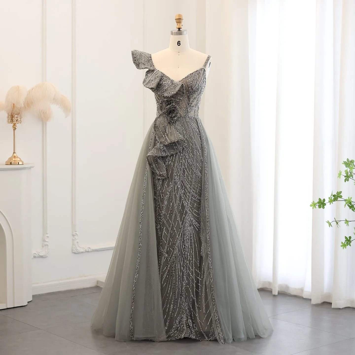 Elegant Spaghetti Blue Mermaid Evening Dress with Overskirt SS095