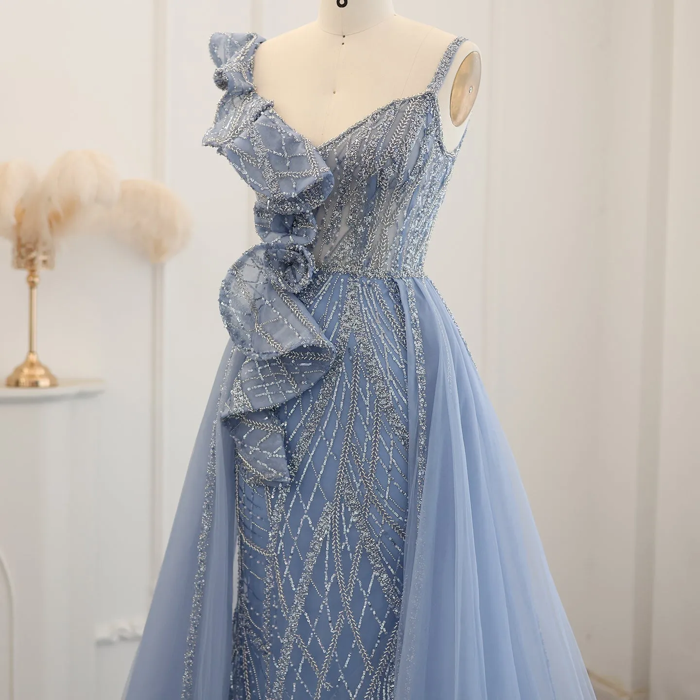 Elegant Spaghetti Blue Mermaid Evening Dress with Overskirt SS095