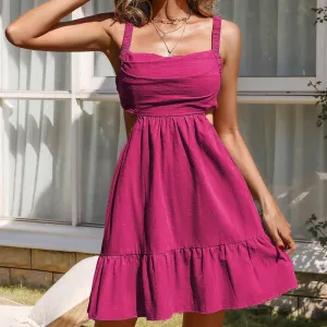 Fashion Pleated Square Collar Backless Sling Dress Fashion Pleated Square Collar Backless Sling Dress