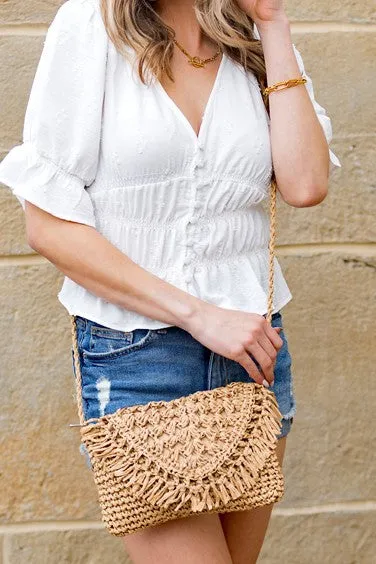 Foldover Fringe Straw Crossbody Bag with Woven Strap