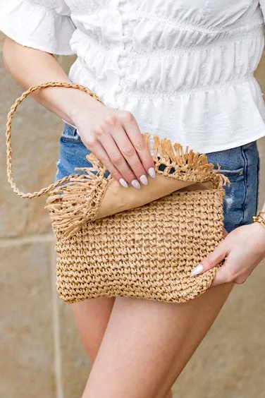 Foldover Fringe Straw Crossbody Bag with Woven Strap