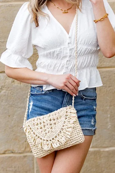 Foldover Fringe Straw Crossbody Bag with Woven Strap