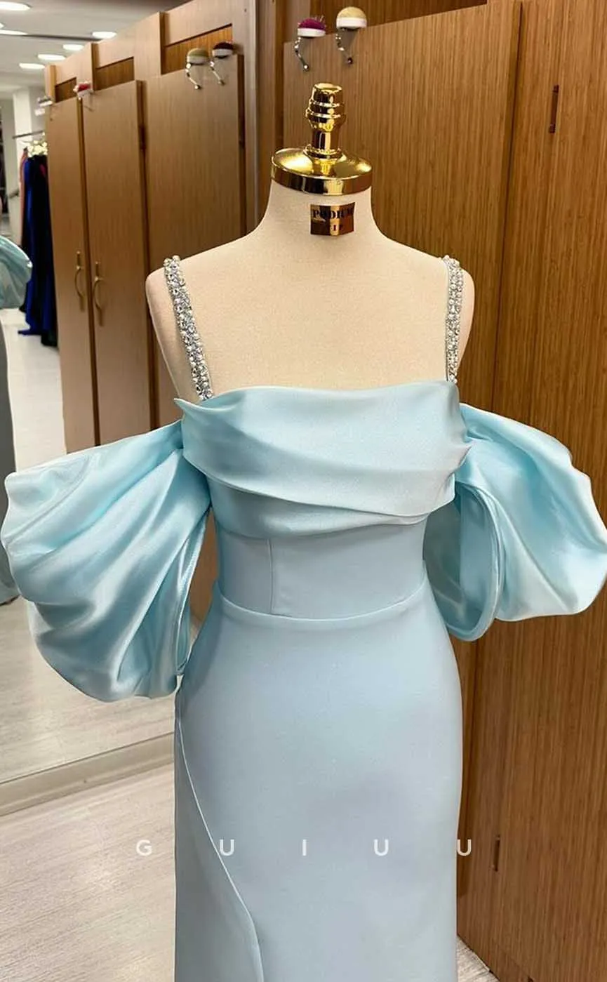 G4496 - Elegant & Glamorous Sheath Off-Shoulder Baby Blue Stain Ruched Crystal Straps Floor-Length Prom Party Dress