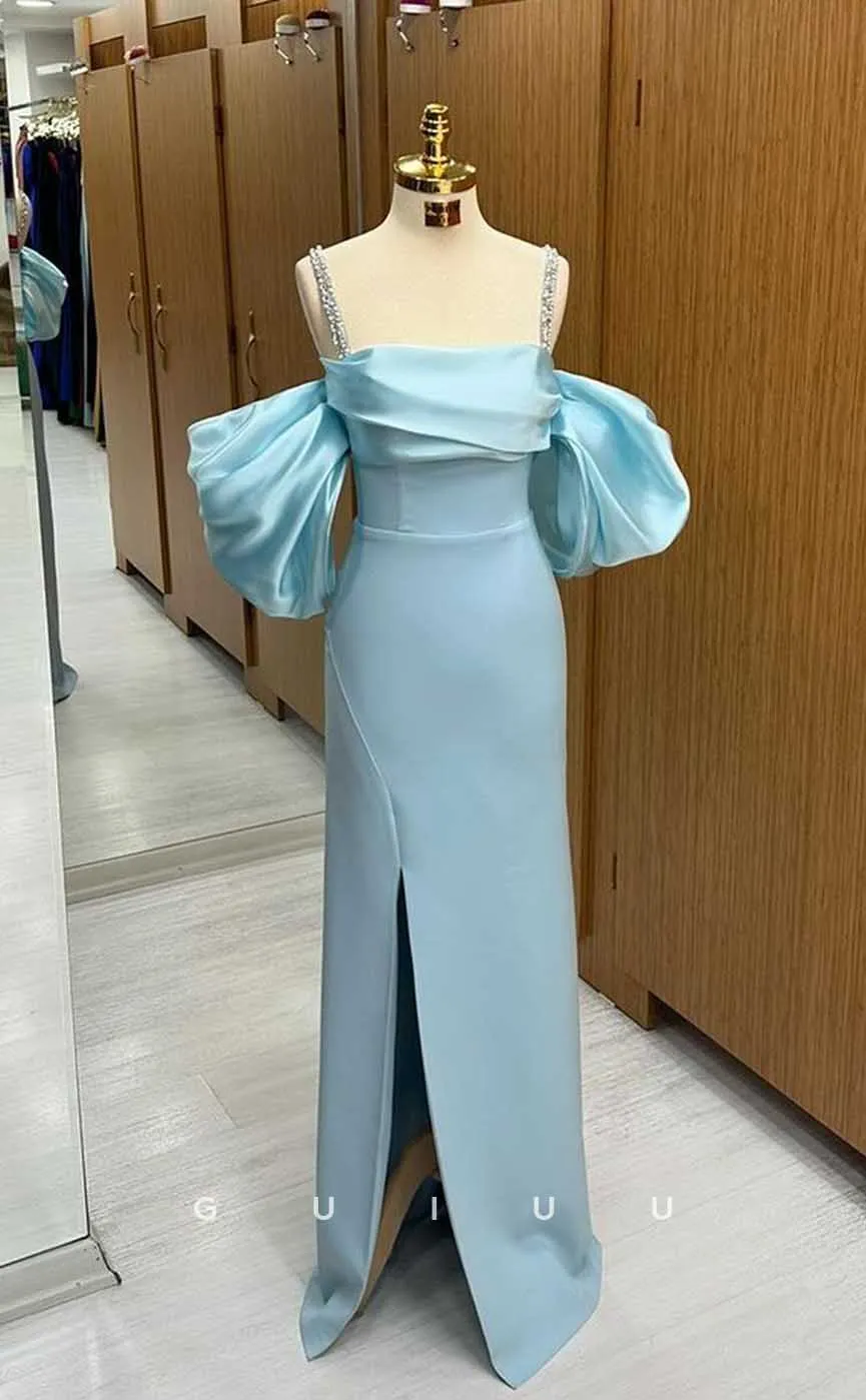 G4496 - Elegant & Glamorous Sheath Off-Shoulder Baby Blue Stain Ruched Crystal Straps Floor-Length Prom Party Dress