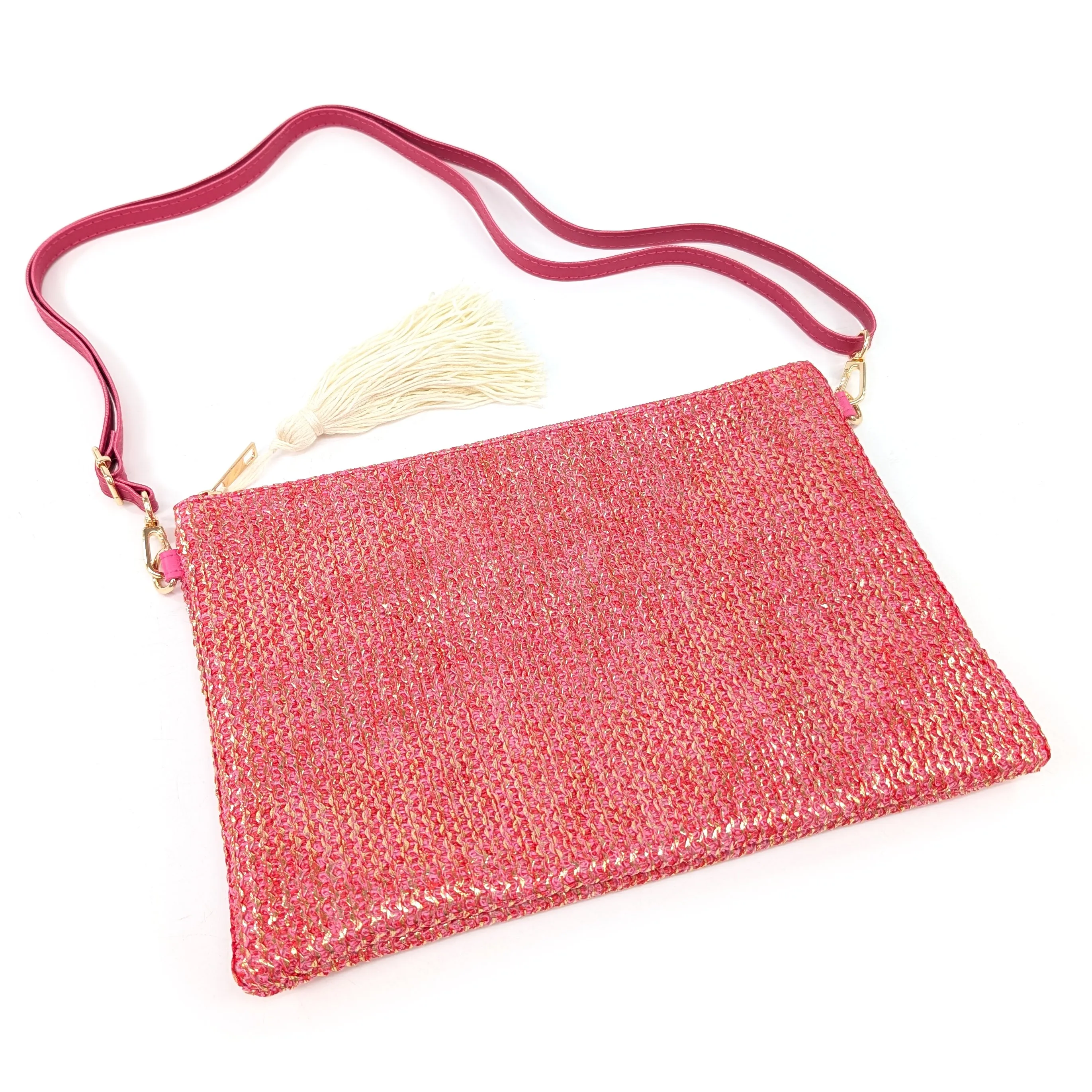 Glitzy Clutch Bag with Tassel - Pink