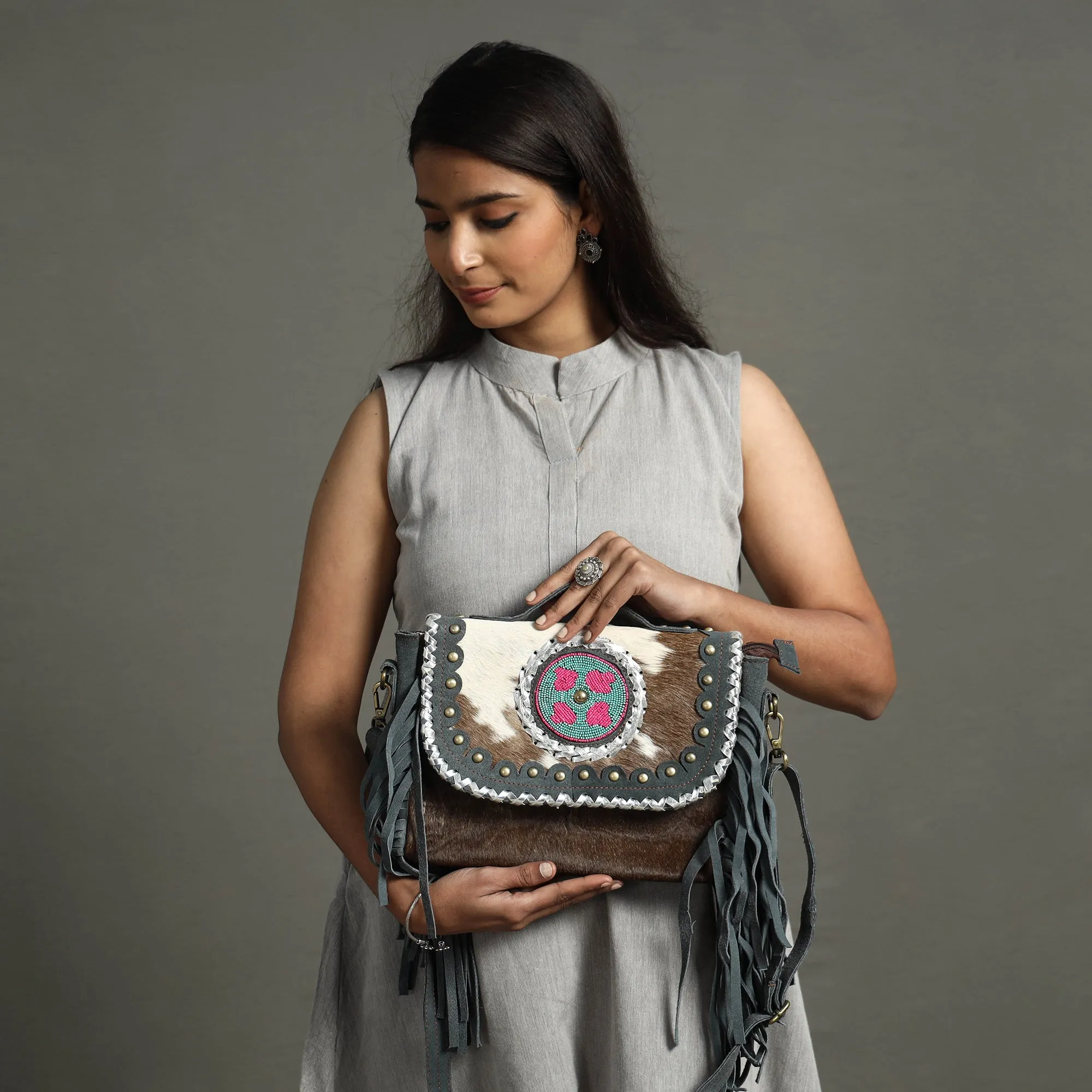 Grey - Handcrafted Fur Leather Fringe Sling Bag with Blue Stone