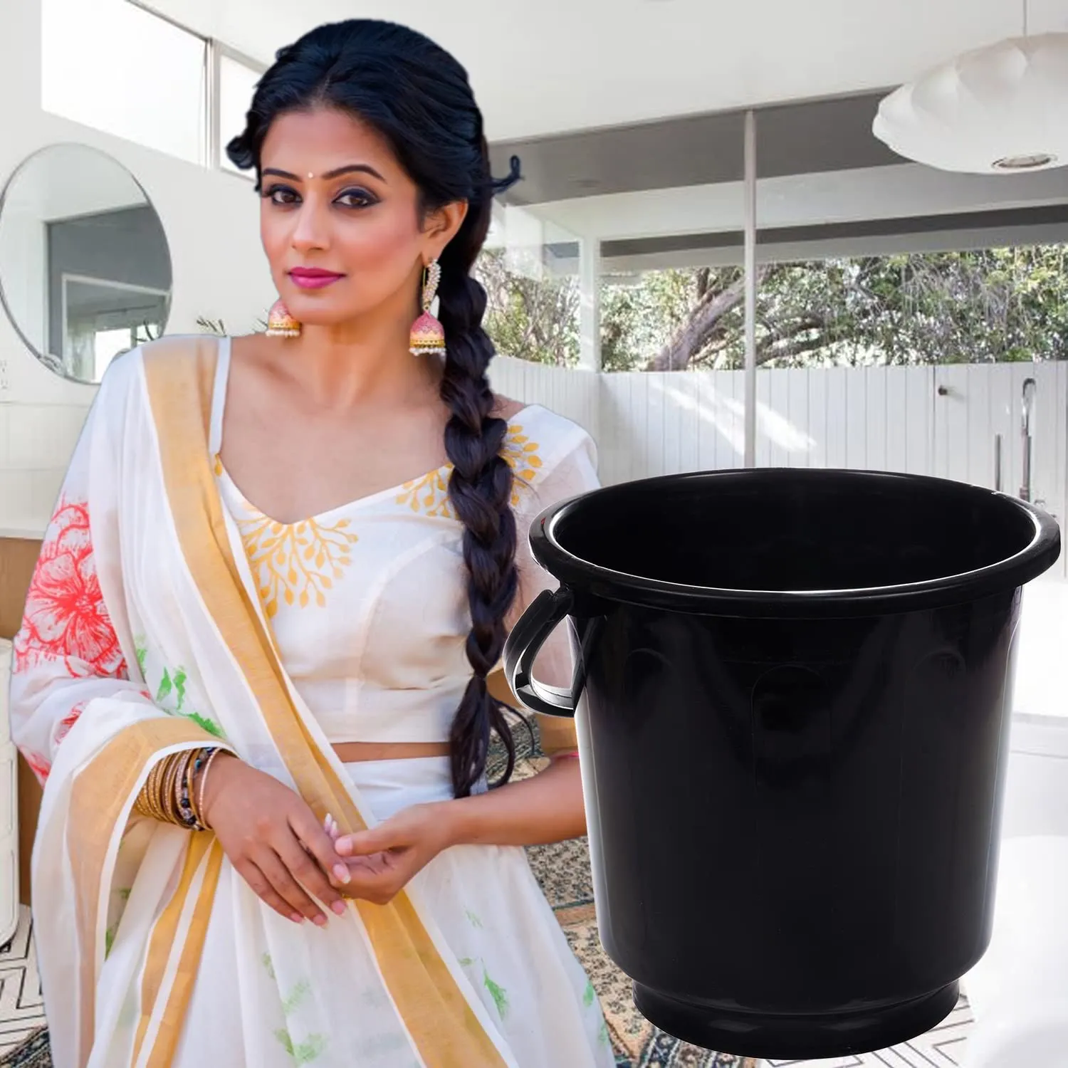 Heart Home Bucket|Plastic Bucket for Bathroom|Bucket for Bathing|Unbreakable Bucket with Handle|16 Liter|Pack of 2 (Black & Yellow)