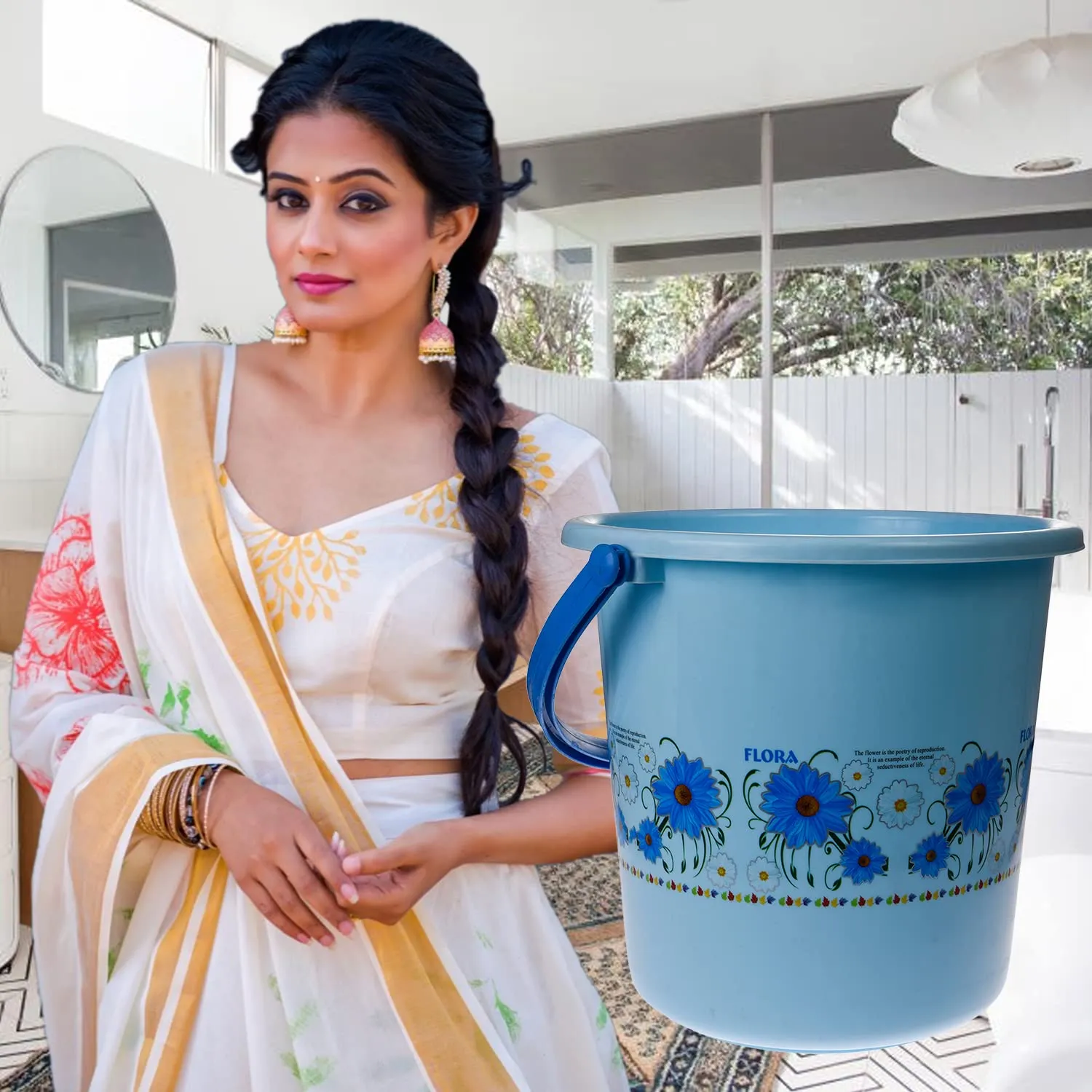 Heart Home Bucket|Plastic Bucket for Bathroom|Bucket for Bathing|Unbreakable Printed Bucket with Handle|18 Liter (Sky Blue)