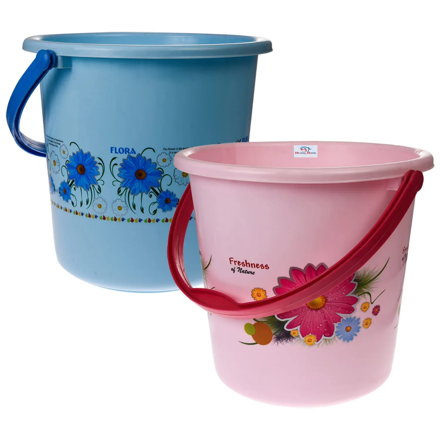Heart Home Bucket|Plastic Bucket for Bathroom|Bucket for Bathing|Unbreakable Printed Bucket with Handle|18 Liter|Pack of 2 (Sky Blue & Pink)