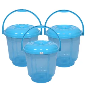 Heart Home Colorful Homeware Bucket| Plastic Bucket|Transparent Bucket with Lid & Handle for Bathroom,Home Use,13 Litre,Pack of 3 (Sky Blue)