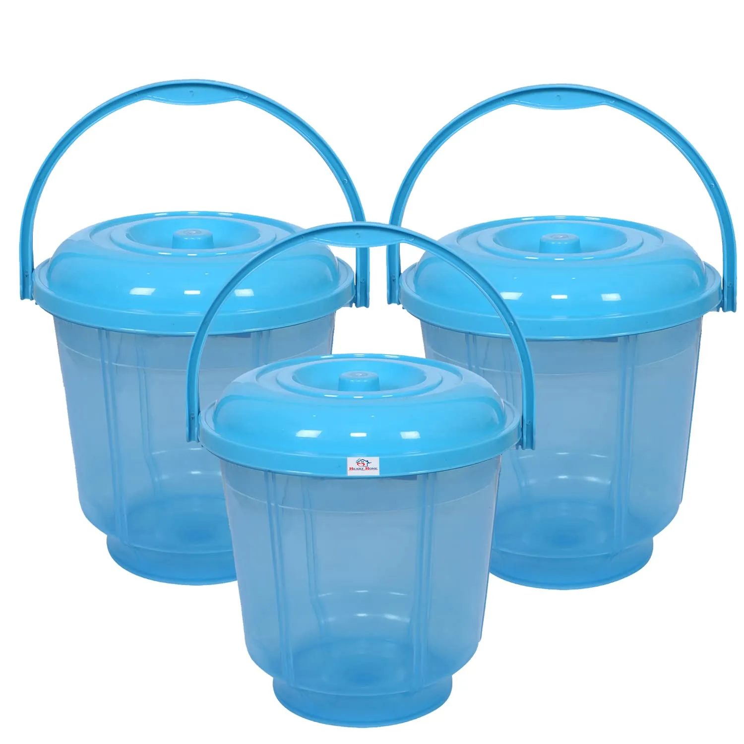 Heart Home Colorful Homeware Bucket| Plastic Bucket|Transparent Bucket with Lid & Handle for Bathroom,Home Use,13 Litre,Pack of 3 (Sky Blue)