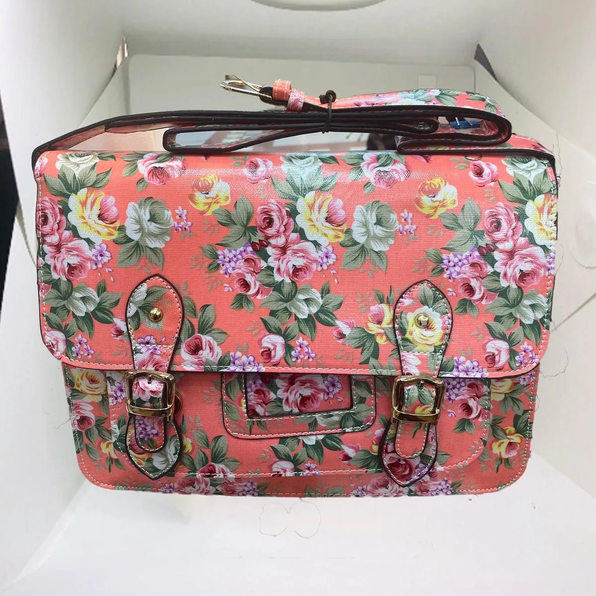 HT Fashion Bags  15"Rose Pink Floral black Satchel Bag - 100% Real Leather Bag