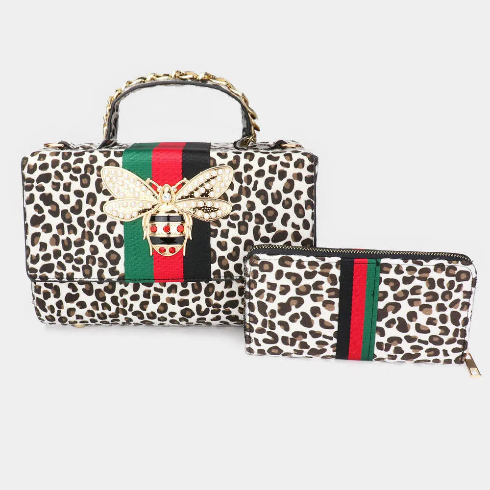 iLLASPARKZ 2PCS - Honey Bee Accented Color Block Leopard Patterned Tote Bag Wallet Set