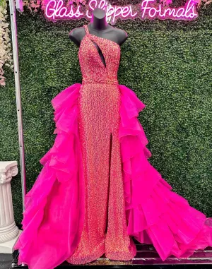 Jovani 37689 Size 2 Hot Pink Long Prom Dress Sequin One Shoulder High Slit Tulle Layered Skirt  Cut  Out Formal Pageant Gown Jovani 37689 Size 2 Hot Pink Long Prom Dress Sequin One Shoulder High Slit Tulle Layered Skirt  Cut  Out Formal Pageant Gown